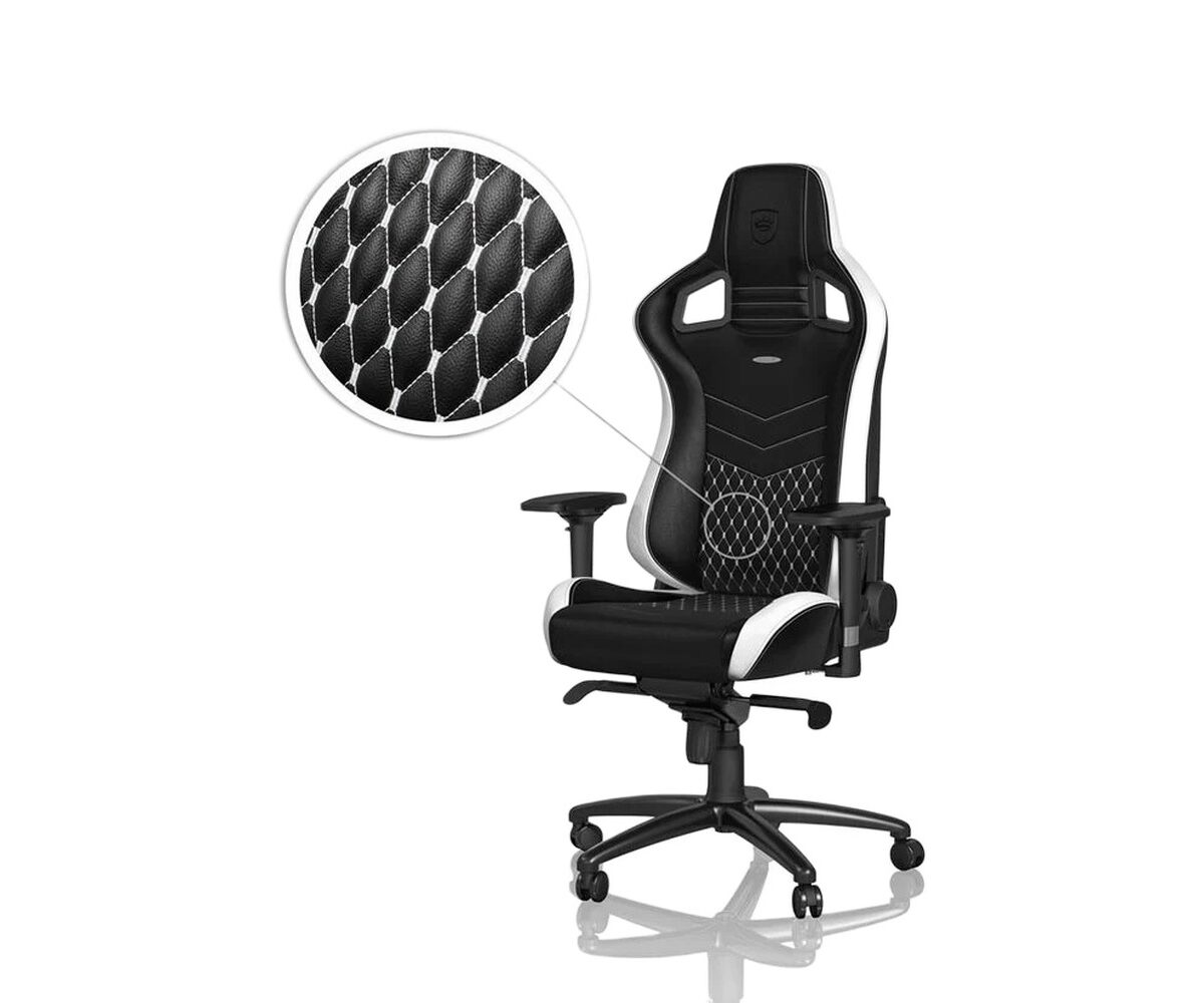 Žaidimų kėdė Noblechairs EPIC, natūrali oda, juoda/balta, baltos siūlės