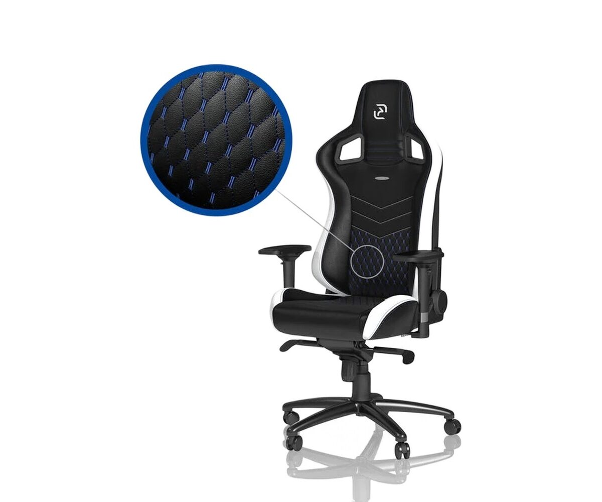 Žaidimų kėdė Noblechairs EPIC, SK Gaming Edition, eko oda, juoda/balta, mėlynos siūlės