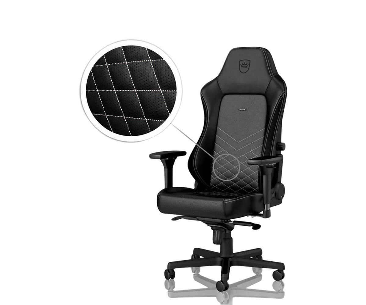 Žaidimų kėdė Noblechairs HERO, eko oda, juoda, baltos siūlės